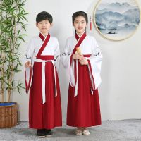 儿童古装汉服国学服男童女童书童中国风服装小学生三字经演出服女 翔鹤红白广袖男女同款 100身高95-104