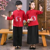 儿童古装男童中国风国学服女童三字经演出服民国风书童服装 A38-男童锦鲤红(上衣+裤子) 110
