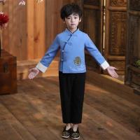 儿童古装汉服男童中国风国学服女童三字经演出服民国风书童服装男 男童琉璃蓝-上衣+裤子 120cm