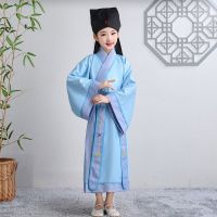 儿童古装汉服国学服男童弟子规书童服装开笔礼女童三字经演出服 蓝色国学 100