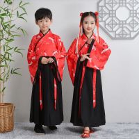儿童古装汉服男女童国学书童服装古筝表演三字经弟子规朗诵演出服 仙鹤款红上衣+黑裙子 (男女同款) 110