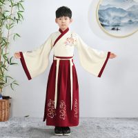 六一儿童古装汉服国学服男女书童中国风小学生三字经朗诵开学礼服 米黄色+枣红男款 110