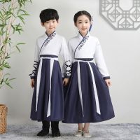 六一儿童国学服汉服三字经表演服中小学生女诗歌朗诵演出服合唱服 白+藏青小袖 男女同款 110