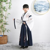 汉服男女童小学生国学服新款古装襦裙中国风书童三字经儿童演出服 藏青色广袖男装 110