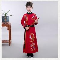 男童汉服国学服新款唐装中国风儿童女古装公子书童三字经演出服装 酒红色 100