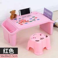 儿童写字桌床上用塑料小书桌简易幼儿早教桌子懒人学习阅读收纳方 粉色+送小凳子