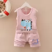 清仓 0-1岁男宝宝夏装背心套装3-6-9-12个月婴儿夏天衣服纯棉短裤 夏TZ:恐龙虾肉粉 S/80