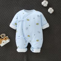 婴儿加棉保暖连体衣春秋冬季男女宝宝婴幼儿衣服3月0-1岁哈衣爬服 [蓝色千纸鹤]加棉蝴蝶衣 59 建议0-3个月