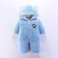 婴儿连体衣秋冬加厚新生儿衣服保暖冬装男女宝宝棉衣0-1岁哈衣萌6 孔雀蓝 [不带脚]蓝色脚印 59