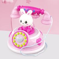 儿童婴儿卡通座机早教智力开发故事机手机仿真电话机音乐玩具女 仿古电话-粉(送电池)