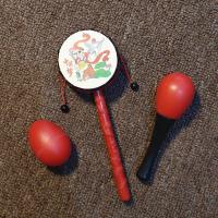 新生婴儿宝宝拨浪鼓木质羊皮启蒙玩具0-1岁手摇铃乐器练抓握玩具 3件[拨浪鼓 沙锤 沙蛋]