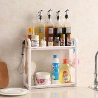 双层厨房置物架调味料用品收纳架塑料沥水架多层落地碗架大号 白色普通款
