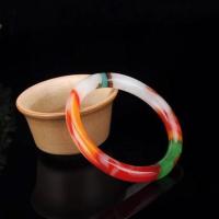 新疆和田七彩玉手镯女款鸡血飘花戈壁玉石加宽加厚玉手镯子 细圆条叮当镯+精美礼盒 55-56适合95-105斤