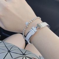 韩版钛钢珐琅h手镯女不褪色简约个性网红玫瑰金不掉色情侣H手饰品 银色 白色