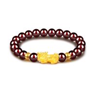 越南沙金转运珠石榴石貔貅手链女金钱珠招财水晶情侣皮丘闺蜜手链 单貔貅双金珠款 简易包装