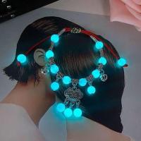 跳舞蹈藏银铃铛有声音夜光发光石长命锁红绳编织脚链女复古民族风 蓝绿小孩儿手链(0-12岁可戴)