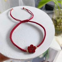 送你一朵小红花朱砂花手链14K包金福字手串女福牌手工编织红手绳 朱砂红花手链-[酒红色]