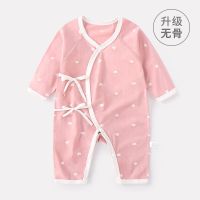 婴儿连体衣春秋冬装保暖哈衣新生儿衣服纯棉和尚服初生宝宝睡衣厚 四季粉爱心绑带 52码