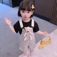 女童夏装套装2021新款女宝宝洋气短袖背带裤短夏季小熊网红两件套 黑色 黑色衣服灰色背带裤套装 90cm