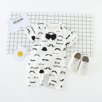 婴儿满月服百天周岁衣服百日照宴宝宝酒红礼服男连体衣薄款夏季装 满印胡子[短袖] 66 建议7-12斤