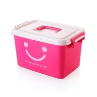 防滑车上盒子物品手拎小收纳箱塑料小号家用朔料放小东西的箱婴儿 玫红色笑脸 带滑轮加大号(590):长45*宽33