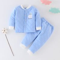 婴儿保暖衣套装纯棉背带裤春秋男女宝宝夹棉秋衣新生儿衣服秋冬装 [三层保暖款]小朵蓝 66码(适合0-6个月宝宝穿)
