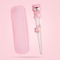 宝宝注水保温碗儿童餐具套装学吃饭训练勺子叉子学习筷子围兜 粉色小熊学习筷+收纳盒