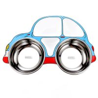 儿童餐盘分格碗儿童碗304不锈钢宝宝吃饭辅食碗可爱卡通儿童餐具 I个藍色汽車餐盤