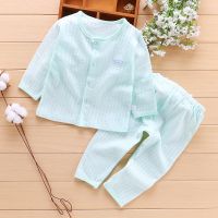 婴儿空调服套装夏季超薄款纯棉男宝宝女新生儿衣服长袖睡衣家居服 [竖条绿色]QYY长袖套装 80