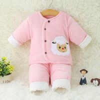 婴儿衣服加厚新生儿棉衣袄加绒夹层保暖纯棉套装0-8个月宝宝冬季 粉色小绵羊 50码(0-3个月)