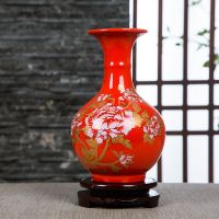 景德镇陶瓷器红色小花瓶摆件客厅插花器小瓷瓶结婚装饰品家居摆设 赏瓶(红色)PVC底座