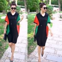 欧洲站2021夏季新款时尚宽松韩版连帽连衣裙网红同款中长款卫衣裙 黑色 5666黑色红绿拼接裙 2XL 100-125