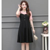 大码女装雪纺连衣裙2021夏季短袖假两件拼接遮肚显瘦时尚A字裙潮 粉红色 暗粉 L 建议115斤以下