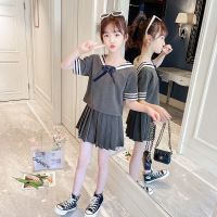女童套装夏装2021新款洋气夏款学院风儿童裙网红童装小女孩两件套 灰色学院风裙裤套装 偏小半码 120