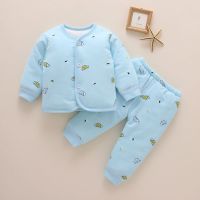 婴幼儿衣服纯棉初生宝宝秋冬夹棉套装新生儿内衣加厚保暖分体秋衣 千纸鹤蓝色 套装 73