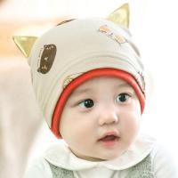 婴儿帽子春秋新生儿宝宝套头帽3-6-12个月男童初生儿秋冬纯棉胎帽 金角猫米色单帽 1-12个月(40-46cm)