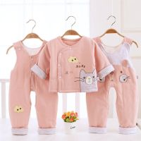 婴幼儿背带套装宝宝三件套加棉0-1岁棉衣薄棉新款男童女童保暖衣 粉色猫咪三件套 73
