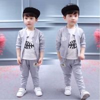 儿童小西装男童春秋套装2021新款中小童洋气西服礼服帅气男童外套 小鱼儿三件套(灰色) 73码5-10个月(13-17斤