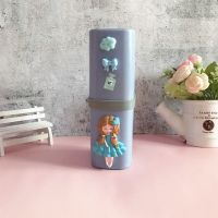 卡通旅行出差小麦秸秆牙具盒便携牙刷牙膏洗漱用品学生宿舍牙缸杯 女孩款蓝色(送1支牙刷)