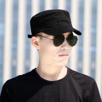 平顶帽男士休闲百搭四季款短舌鸭舌帽中青年军帽帅气单帽薄款帽子 纯色光板黑色 可调节