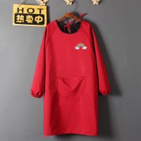 时尚防水防油长袖罩衣成人男女工厂厨房做饭工作服围裙定制LOGO 布艺透气不防水红色彩虹