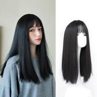 假发女长发自然全头套逼真长直发漫画空气刘海新式发套网红中长发 黑色 +送发网夹子