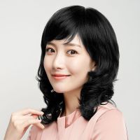 妈妈假发女中长发中老年女士斜刘海长卷发大波浪齐肩逼真全头套式 自然黑:送发网夹子 无