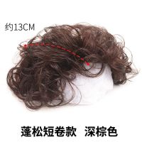 头顶蓬松卷发真发补发片无痕隐形假发片女妈妈遮盖白发增发补发块 [蓬松短卷款]深棕色- 送:小梳子