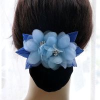 发夹成人头饰品女韩国淑女发饰职业头花优雅盘发夹子顶夹护士发卡 双茶花 蓝色 配粗网