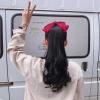日系大红蝴蝶结JK高马尾假发女羊毛长卷发大波浪绑带式蓬松直辫子 红色蝴蝶结-波浪卷-50cm. 黑色马尾