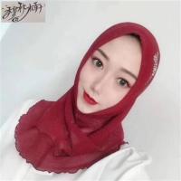 穆斯林纱巾新款网纱烫钻头巾夏季薄款方便套头回族时尚休闲巾盖头 酒红色 网纱烫钻套头