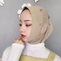 回族头时尚头巾穆斯林纱巾新款网纱棉手工钻套头款盖头女包头帽包 柏斯曼手工钻圆口套头卡其色