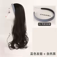 假发女发箍羊毛长卷发大波浪u型半头套仿真自然网可爱红全头套直 黑色假发[浅蓝色发箍] 长卷发