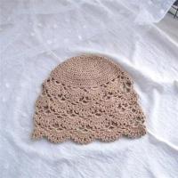 帽子女春秋百搭韩版潮蕾丝镂空勾花编织抖音同款瓜皮针织毛线帽 卡其 手工钩织扇贝花
